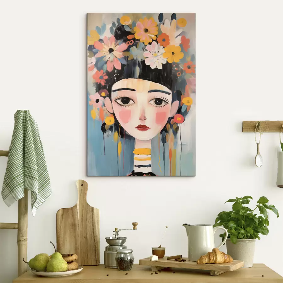 murales de pared Retrato de una mujer con flores en el pelo, estilo abstracto s48935