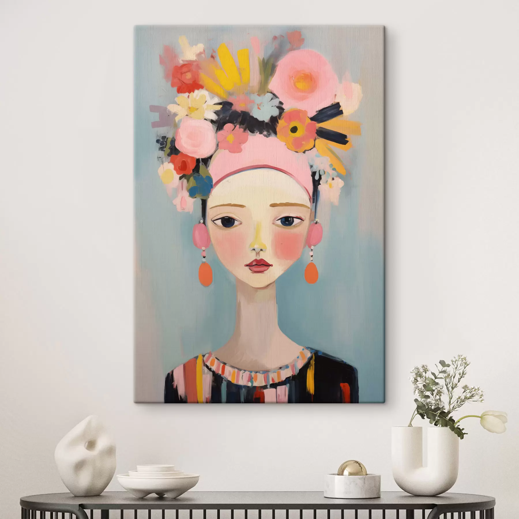murales de pared Retrato de una mujer con flores en el pelo, estilo abstracto s48936