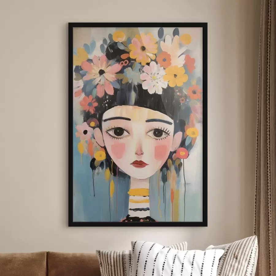 murales de pared Retrato de una mujer con flores en el pelo, estilo abstracto f48935