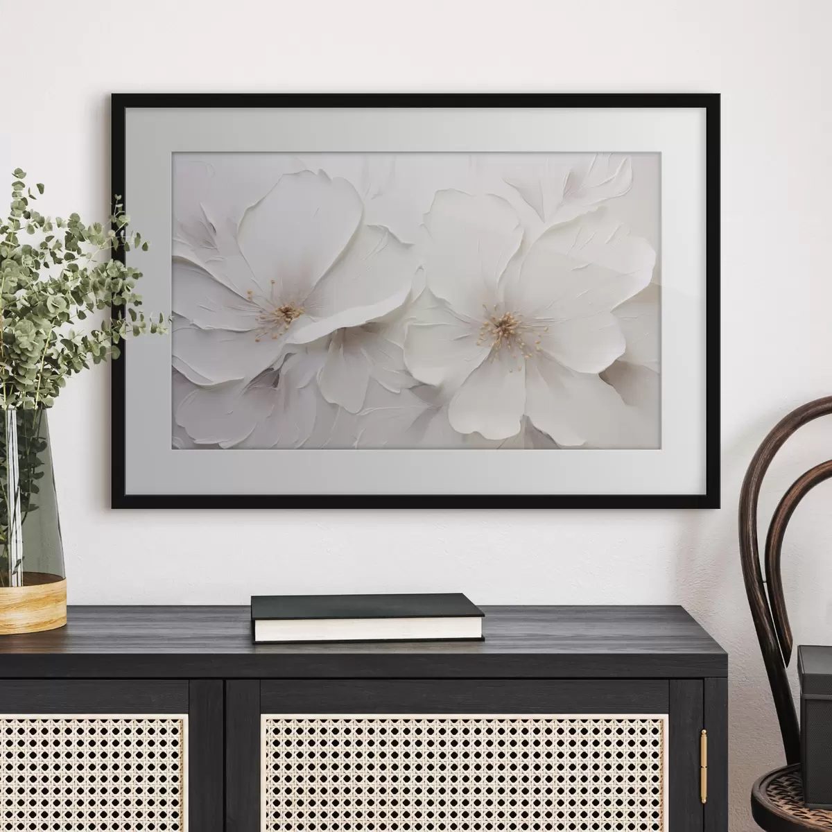 Poster Flores blancas en relieve de estilo minimalista con sombras suaves f48796