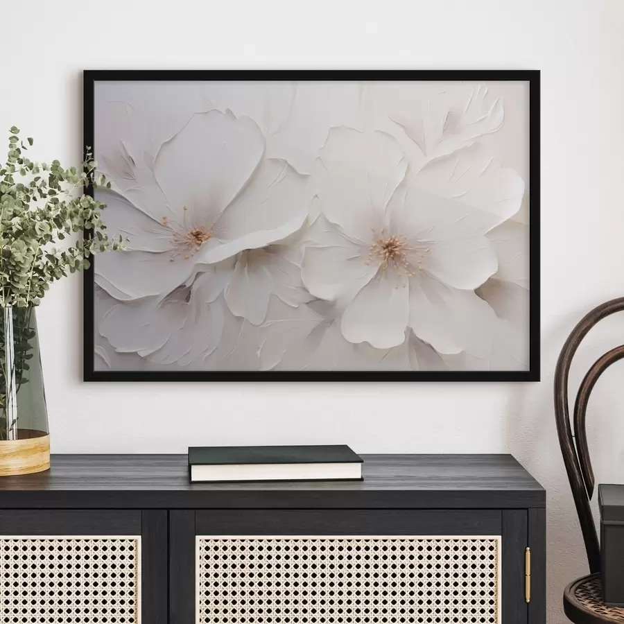 murales de pared Flores blancas en relieve de estilo minimalista con sombras suaves f48796
