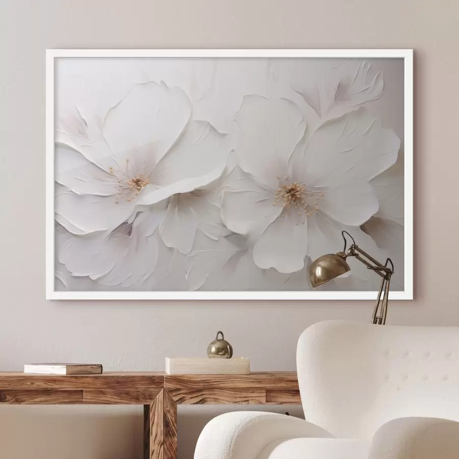 murales de pared Flores blancas en relieve de estilo minimalista con sombras suaves f48796