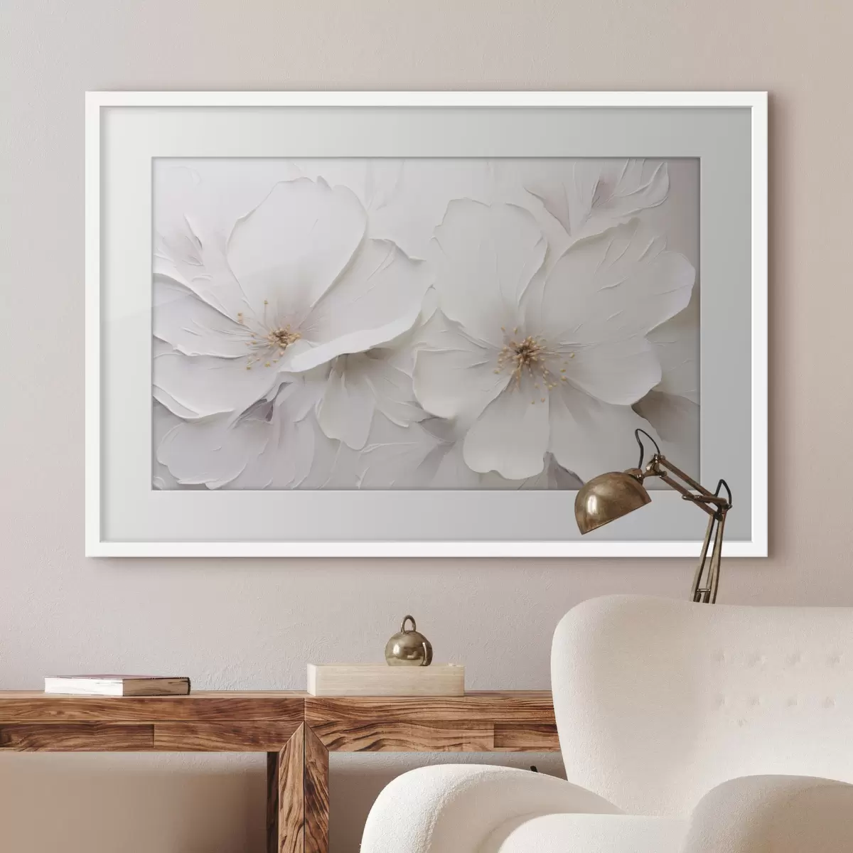 Poster Flores blancas en relieve de estilo minimalista con sombras suaves f48796