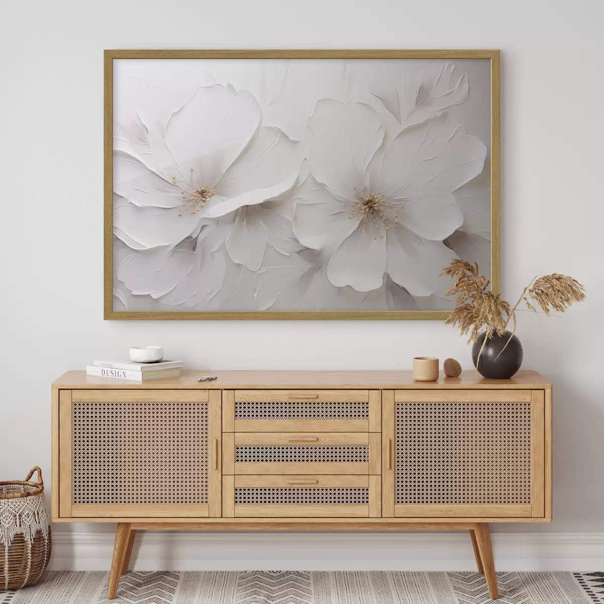 Poster Flores blancas en relieve de estilo minimalista con sombras suaves f48796