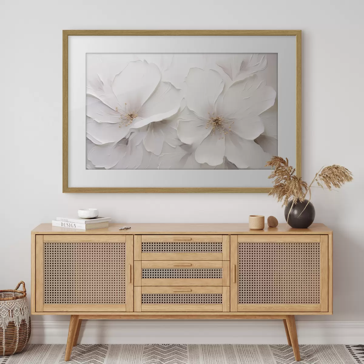 Poster Flores blancas en relieve de estilo minimalista con sombras suaves f48796