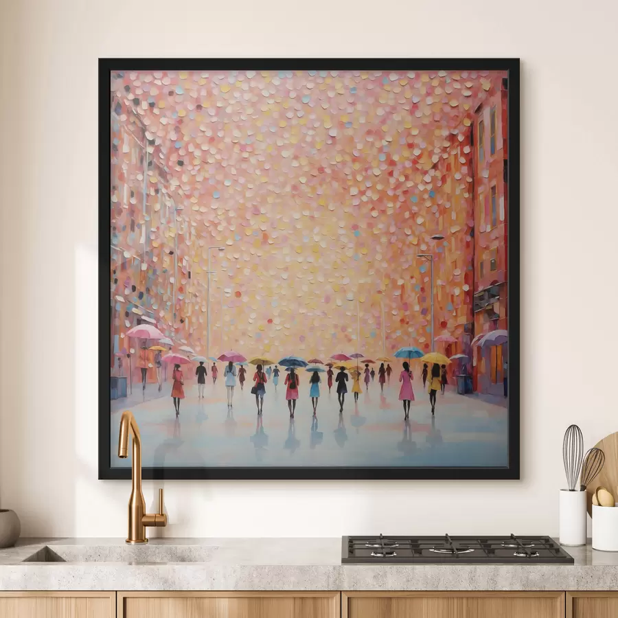 murales de pared Escena urbana impresionista con paraguas y reflejos f48803