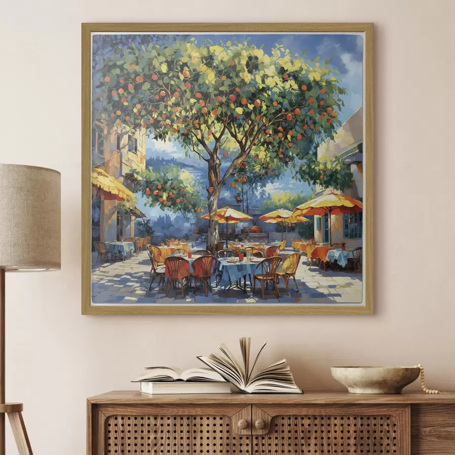 murales de pared Pati de una cafetería de estilo impresionista con un árbol y sombrillas f48811
