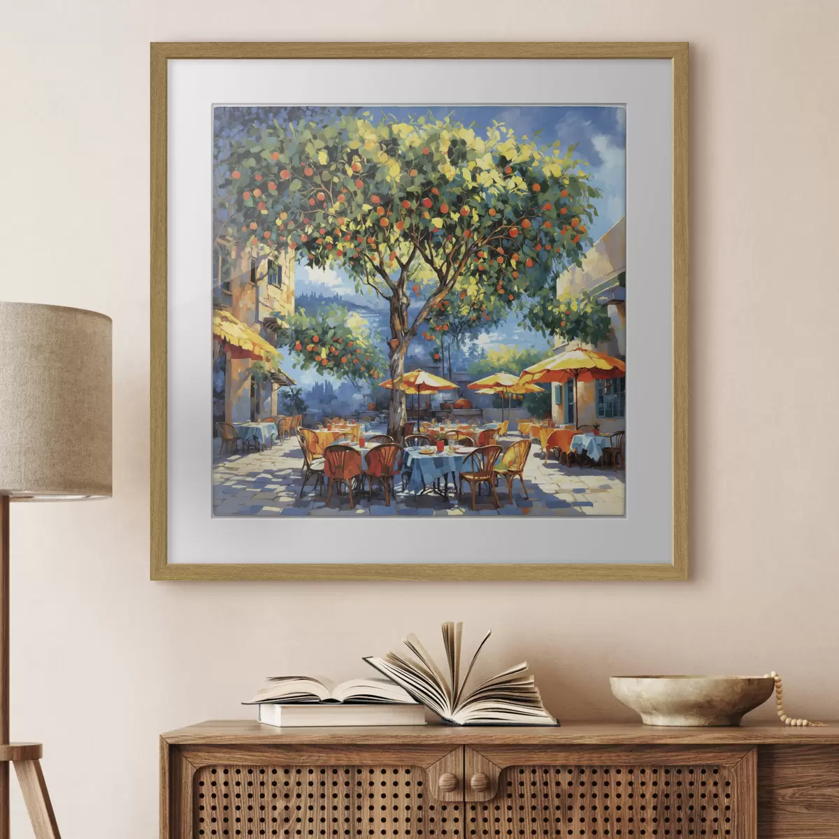 Poster Pati de una cafetería de estilo impresionista con un árbol y sombrillas f48811