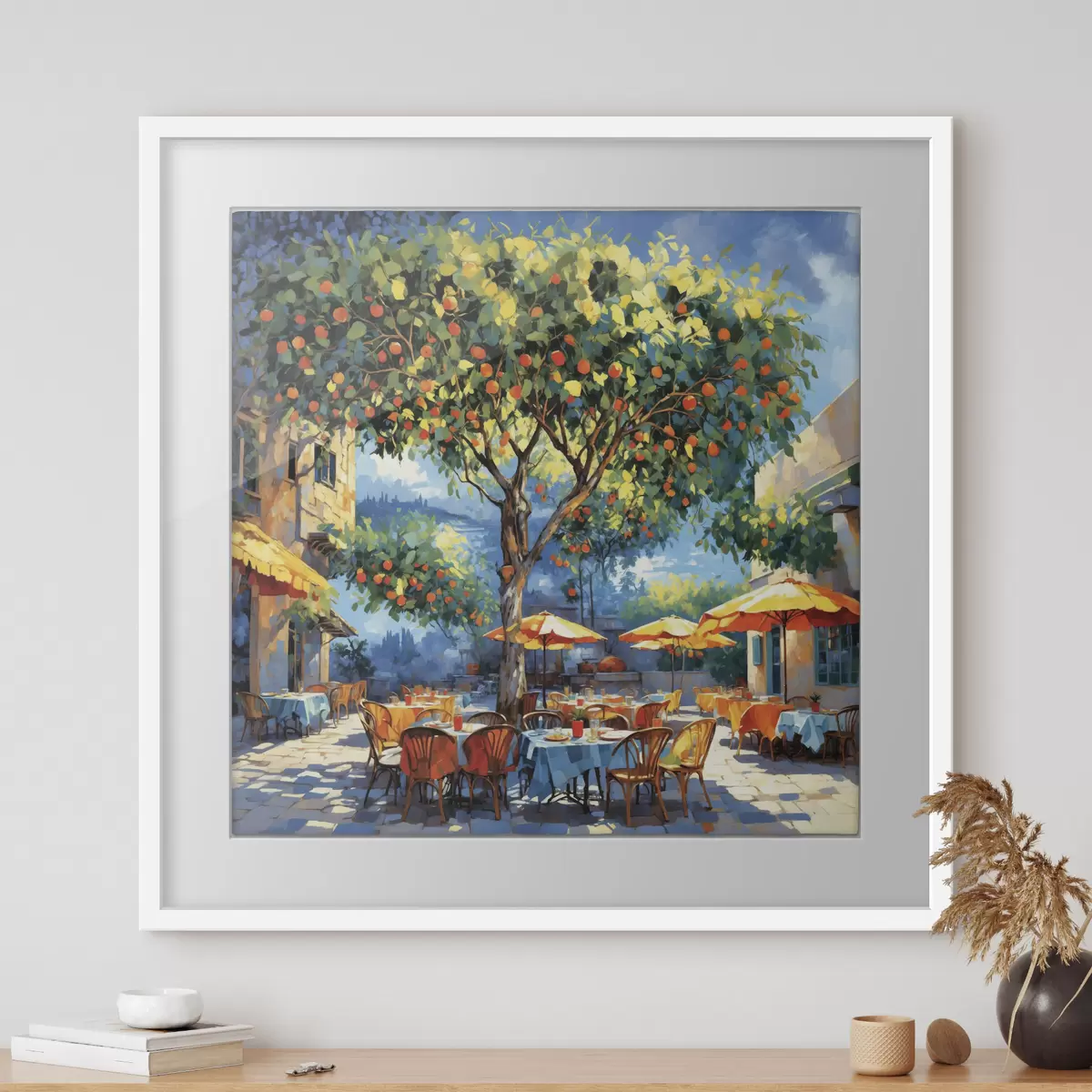 Poster Pati de una cafetería de estilo impresionista con un árbol y sombrillas f48811