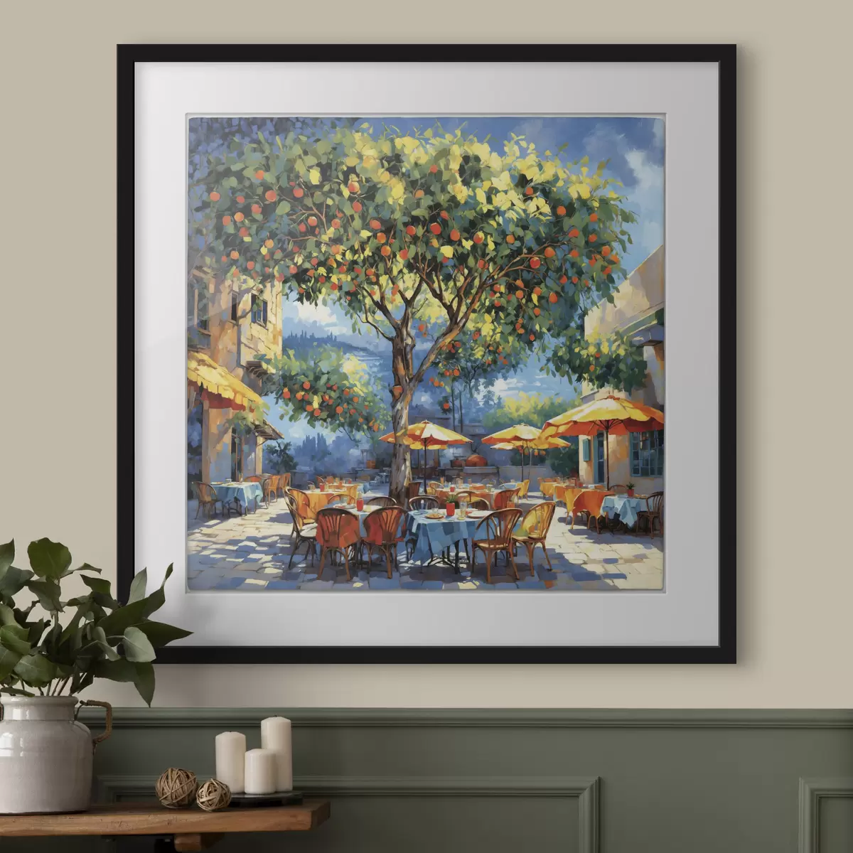 Poster Pati de una cafetería de estilo impresionista con un árbol y sombrillas f48811