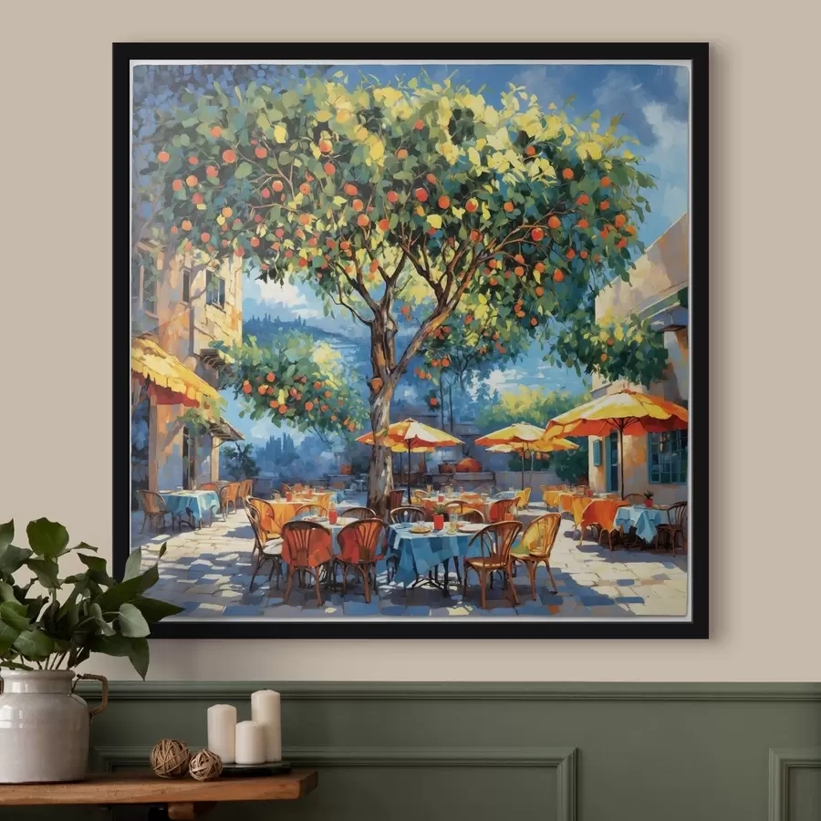 murales de pared Pati de una cafetería de estilo impresionista con un árbol y sombrillas f48811