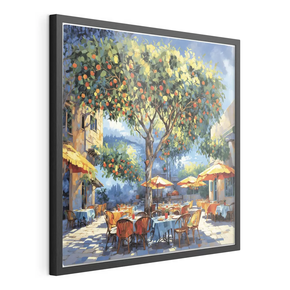 Poster Pati de una cafetería de estilo impresionista con un árbol y sombrillas f48811