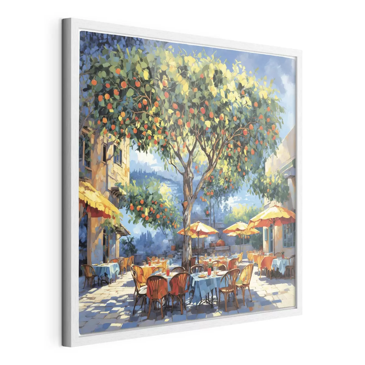 Poster Pati de una cafetería de estilo impresionista con un árbol y sombrillas f48811