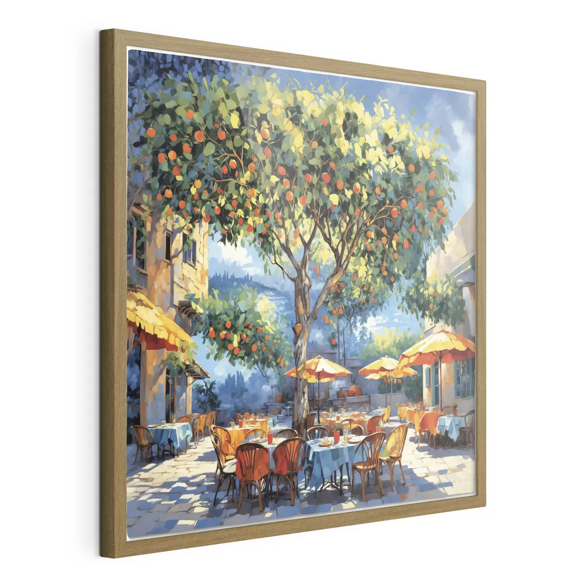 Poster Pati de una cafetería de estilo impresionista con un árbol y sombrillas f48811