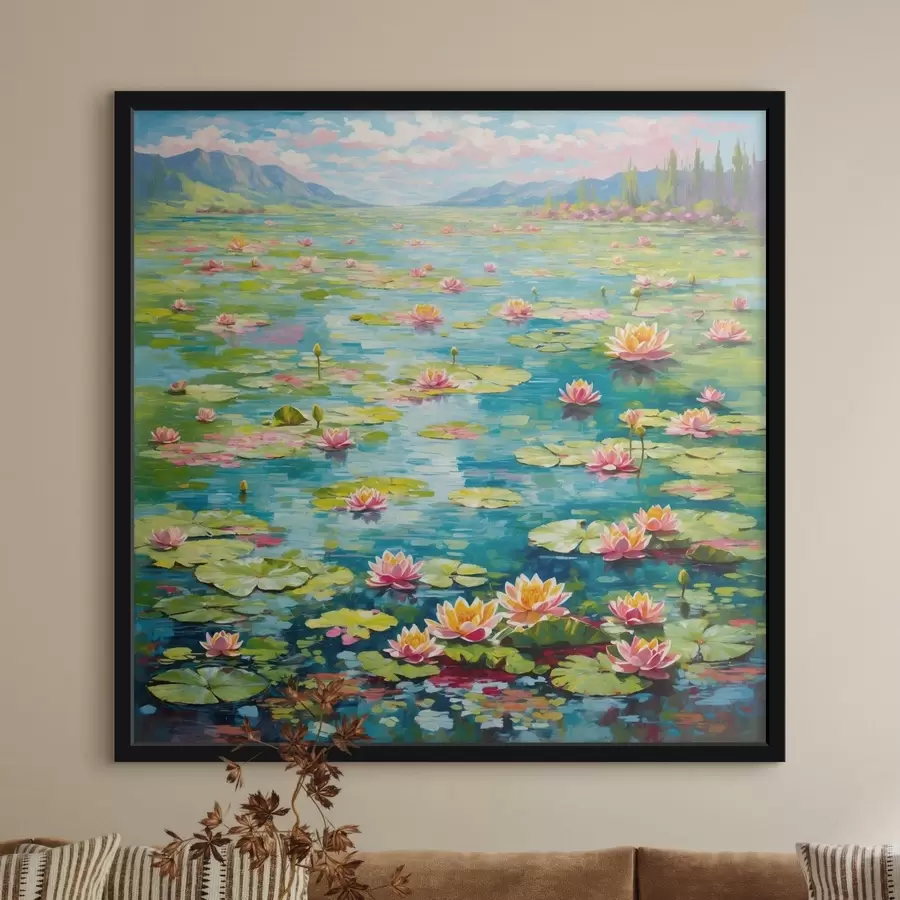 murales de pared Impresionismo: estanque de nenúfares con montañas en la lejanía f48820