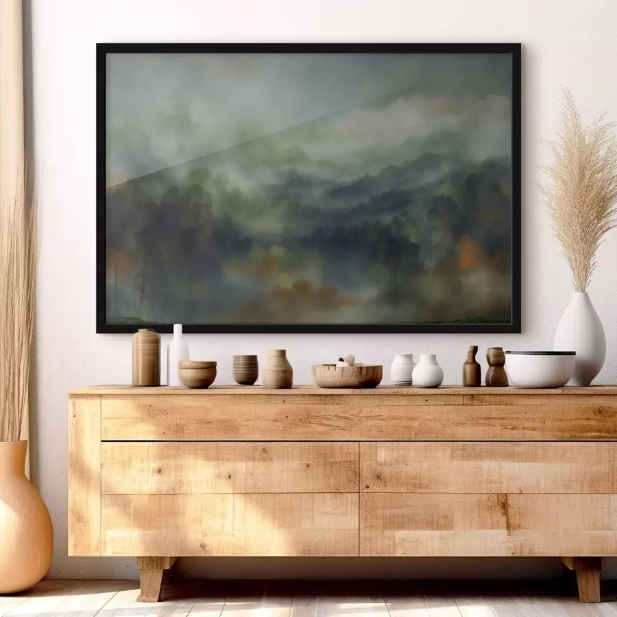 murales de pared Paisaje atmosférico de un bosque brumoso en tonos verdes f48821