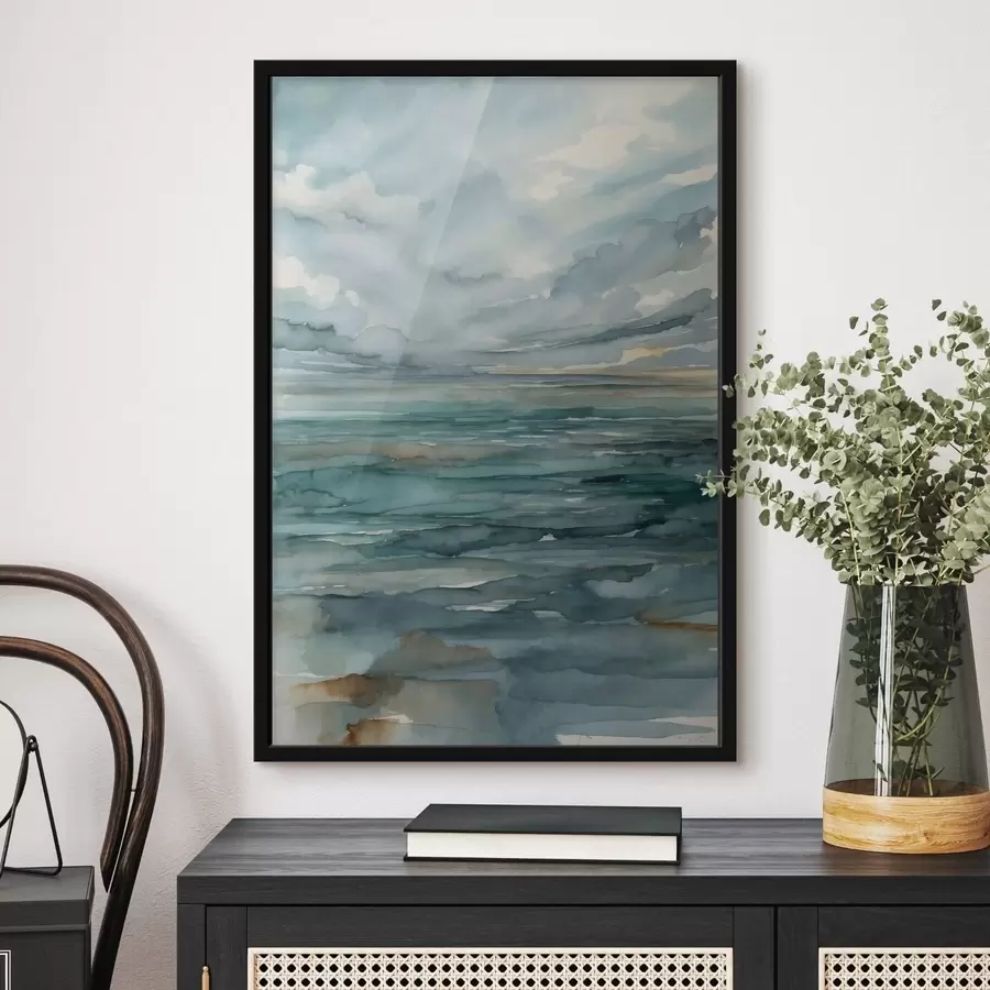 murales de pared Acuarela de un mar en calma bajo un cielo nublado f48824
