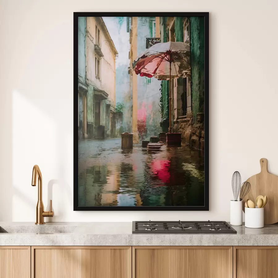 murales de pared Realismo: calle lluviosa con paraguas y reflejos f48829