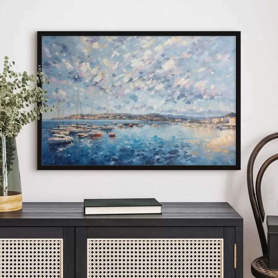 murales de pared Puerto impresionista con barcos y pueblo f48831