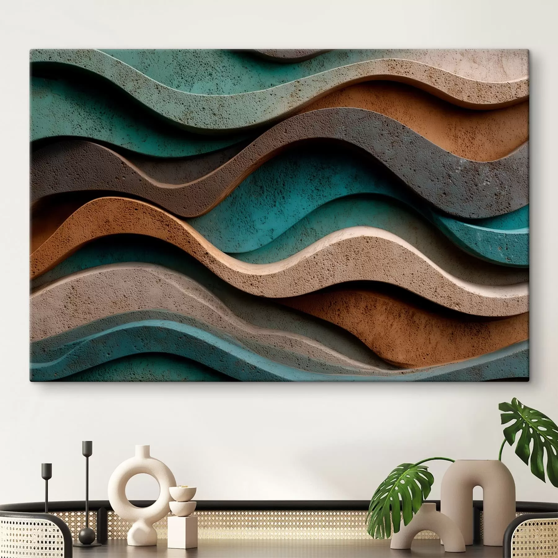 murales de pared Capas onduladas abstractas en tonos verde azulado y terracota s48797