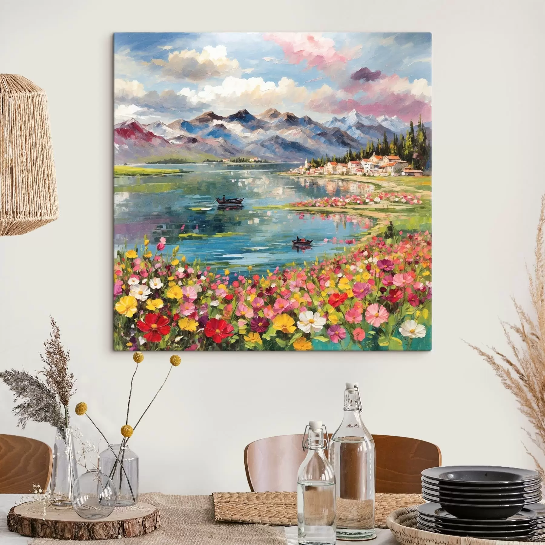 murales de pared Cuadro impresionista de un lago de montaña con barcas y flores s48806