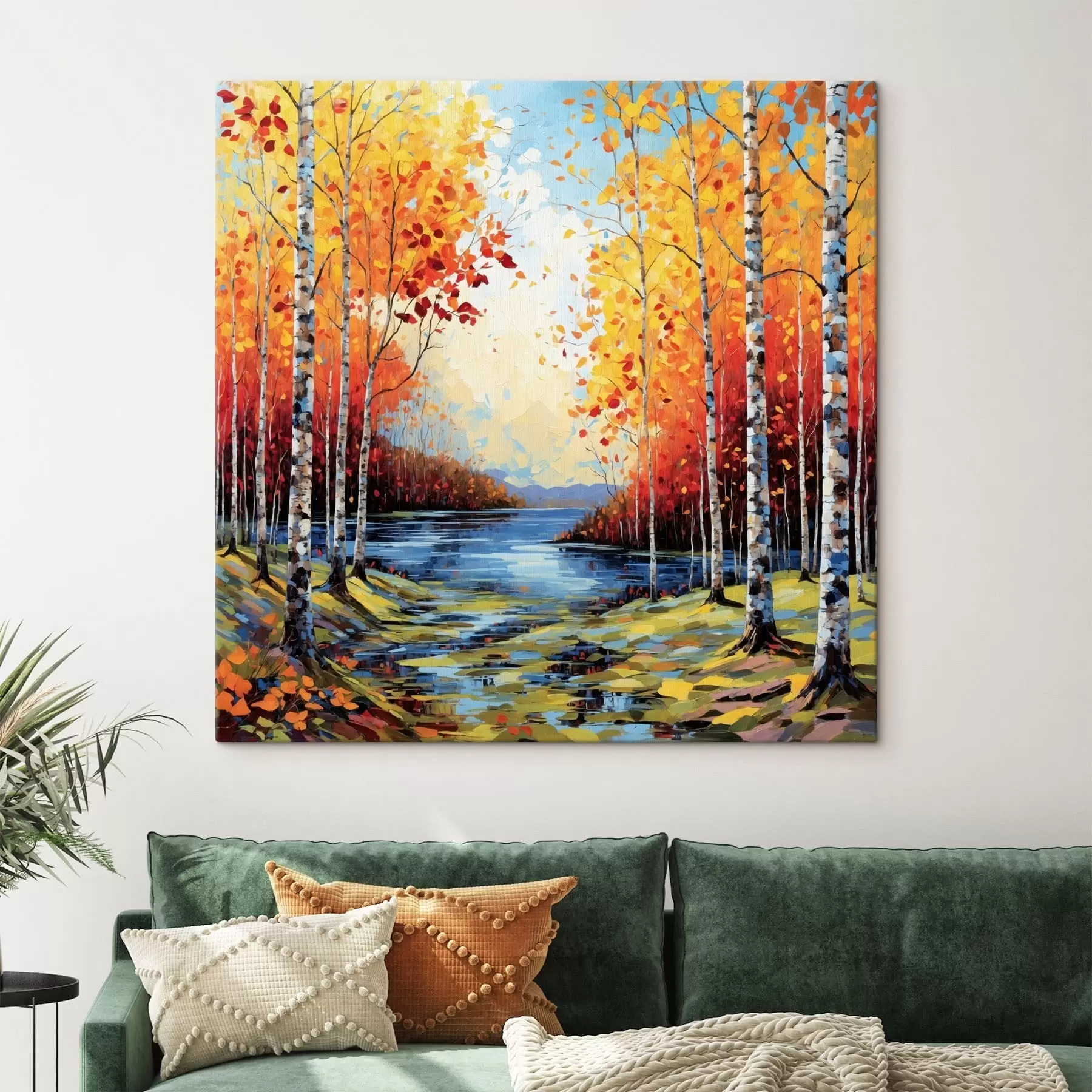murales de pared Bosque de abedules otoñal de estilo impresionista con río s48809