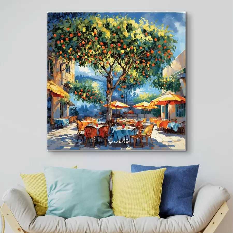 murales de pared Pati de una cafetería de estilo impresionista con un árbol y sombrillas s48811