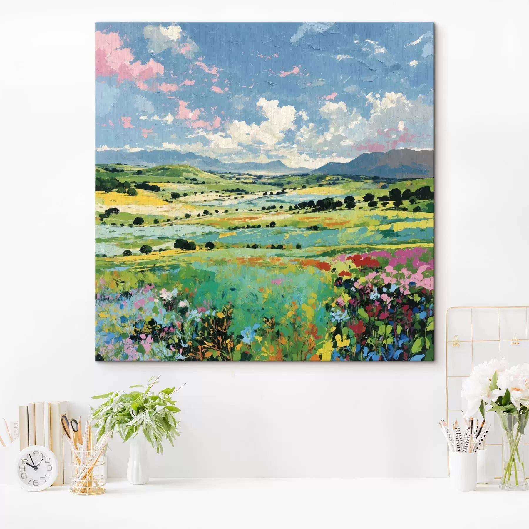 murales de pared Campos y colinas en flor bajo el cielo, al estilo impresionista s48819