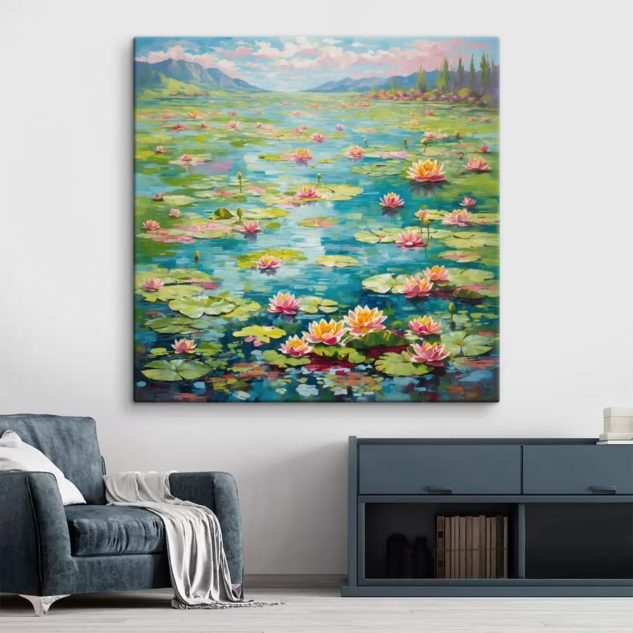 murales de pared Impresionismo: estanque de nenúfares con montañas en la lejanía s48820