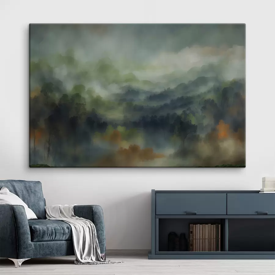 murales de pared Paisaje atmosférico de un bosque brumoso en tonos verdes s48821