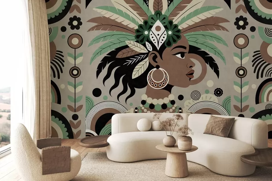 murales de pared un elegante diseño de inspiración africana en tonos verdes, marrones y beige w05389v1