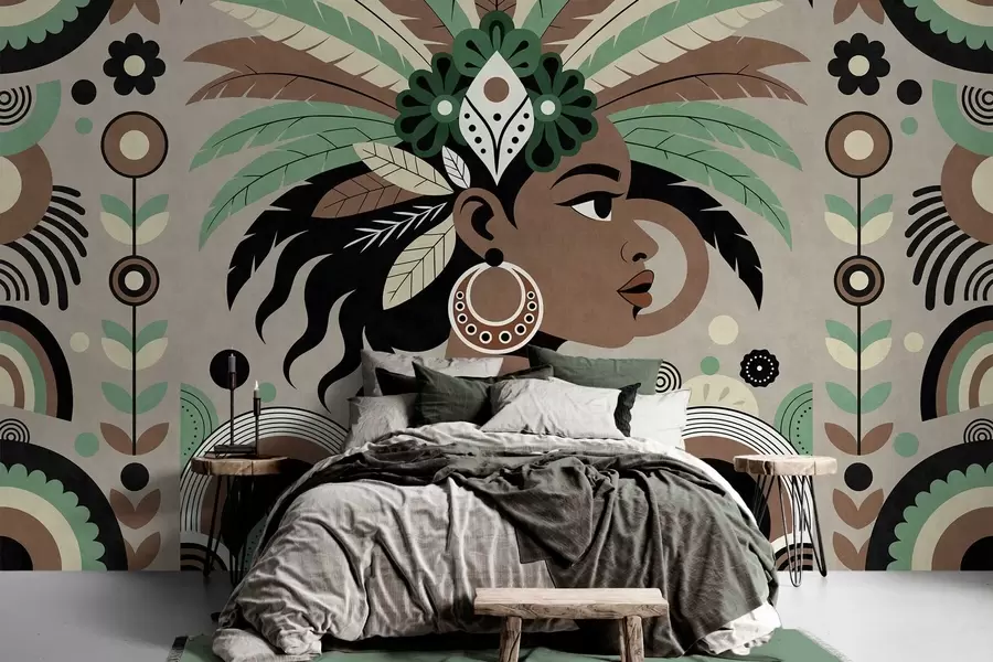 murales de pared un elegante diseño de inspiración africana en tonos verdes, marrones y beige w05389v1