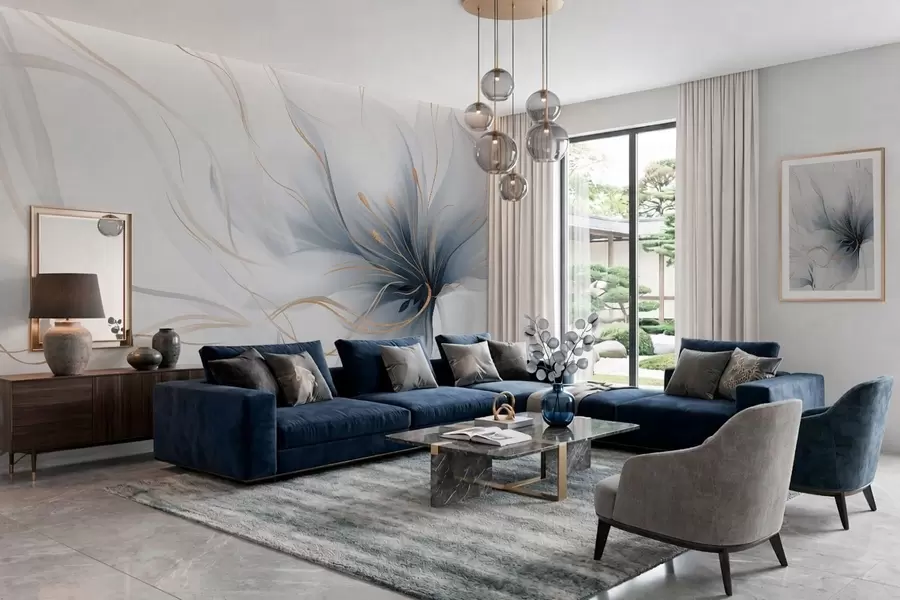 murales de pared Una flor azul abstracta con líneas fluidas al estilo del arte fluido w05428