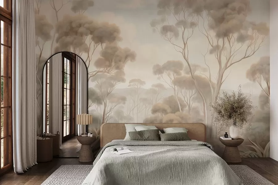 murales de pared Un paisaje boscoso envuelto en niebla con altos eucaliptos, colinas onduladas bajo un cielo nublado, obra de arte con textura w09822