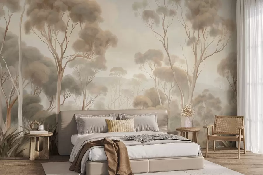 murales de pared Un paisaje boscoso envuelto en niebla con altos eucaliptos, colinas onduladas bajo un cielo nublado, obra de arte con textura w09822