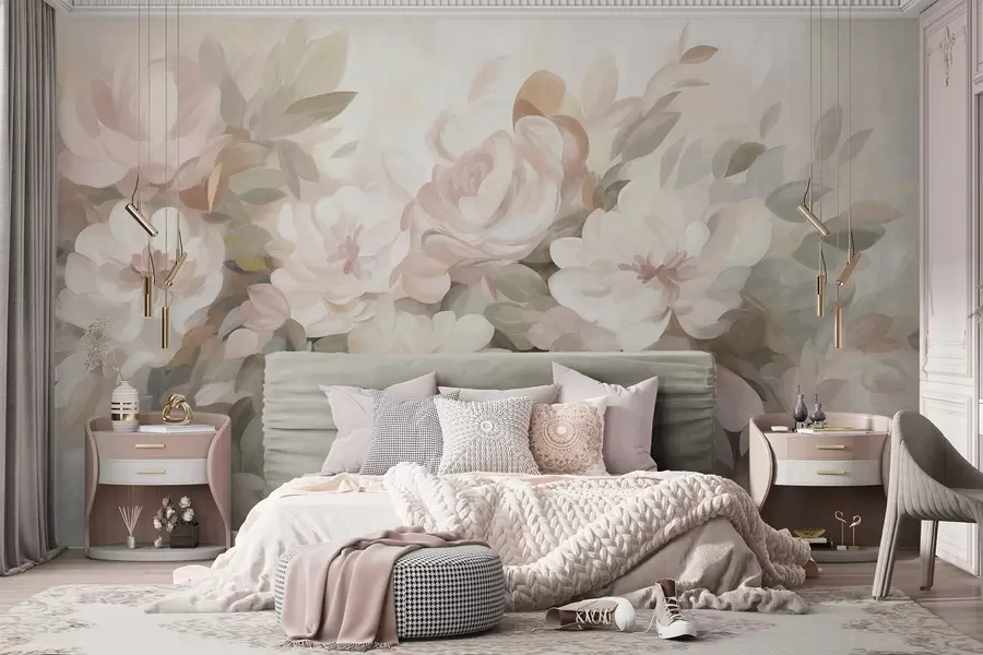 murales de pared Flores de color rosa pálido y blanco con hojas verdes, estilo pictórico, estilo impresionista, arte texturizado w09824