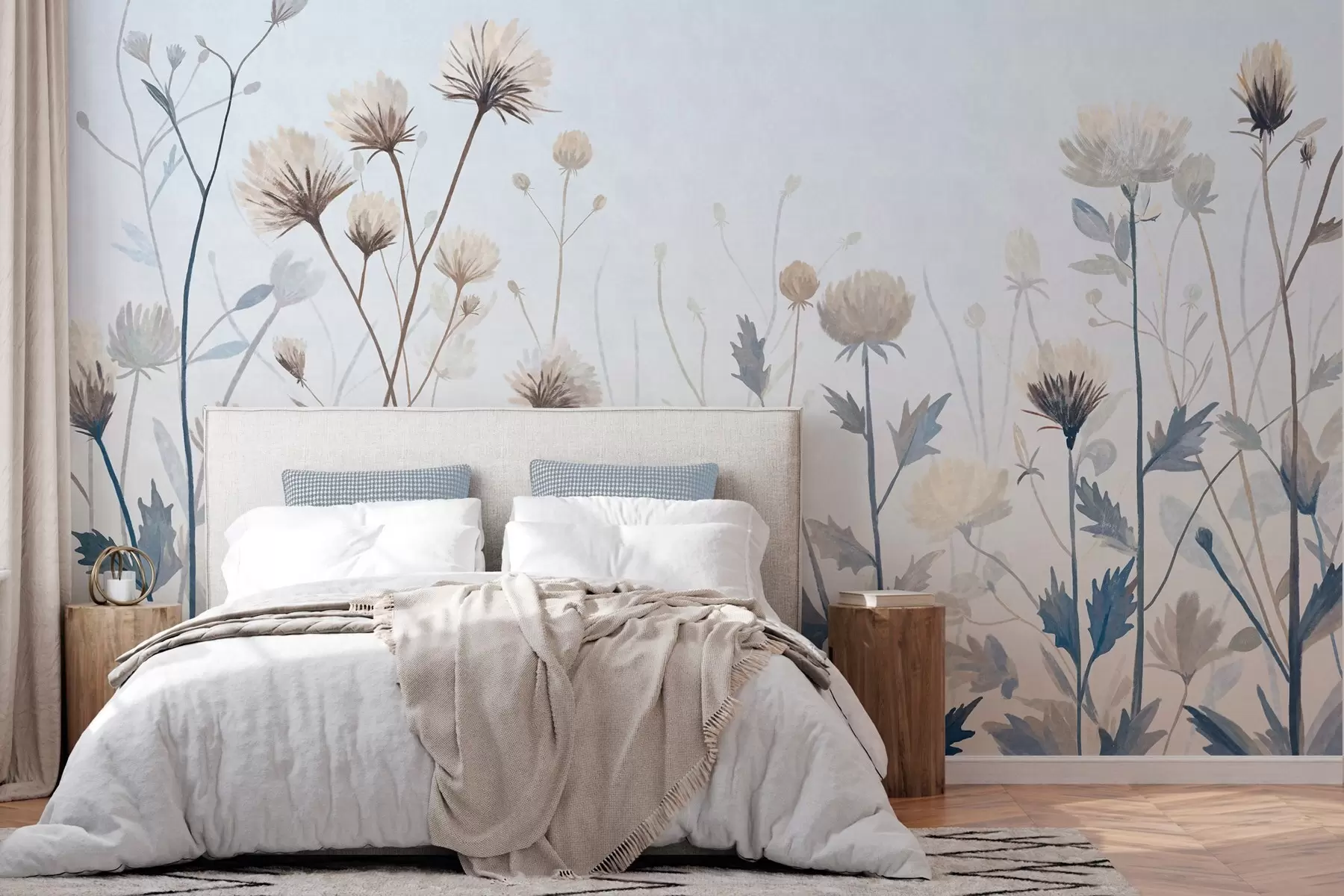 murales de pared Hierbas y flores silvestres pintadas en un estilo paisajístico sobre un fondo claro w05563