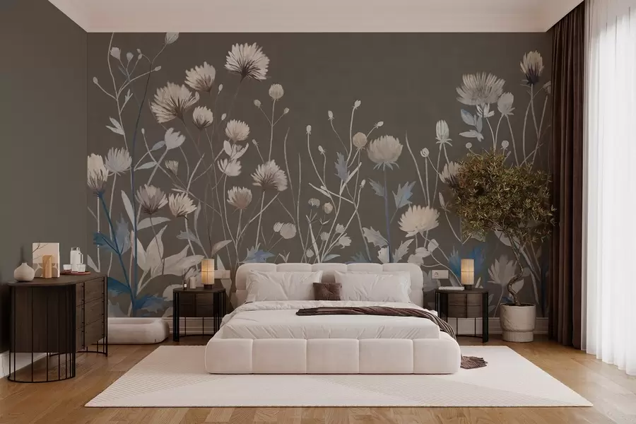 murales de pared Hierbas y flores silvestres de campo representadas con un estilo pictórico sobre un fondo gris-marrón w05563v2