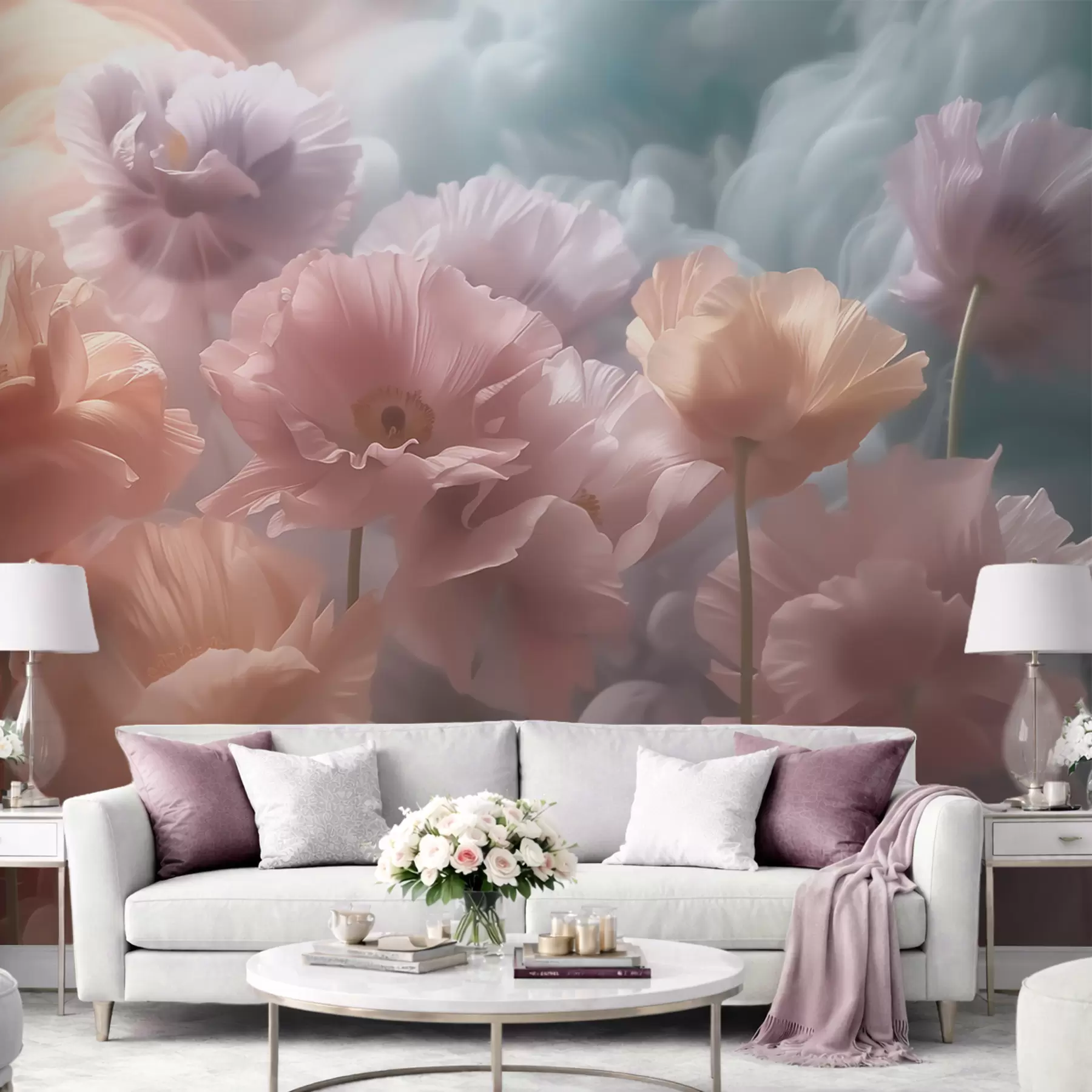 murales de pared Flores etéreas con pétalos translúcidos a la suave luz de la mañana w09847