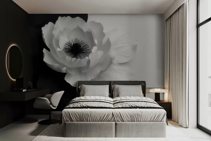 murales de pared Una flor blanca que contrasta con un centro oscuro sobre un fondo en blanco y negro w09852