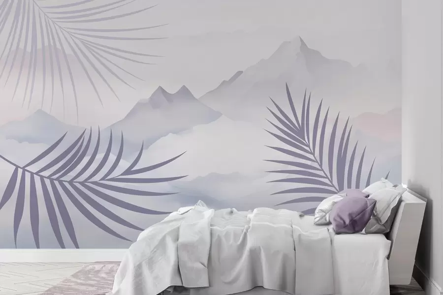 murales de pared Hojas de palmera con las montañas de fondo w05548
