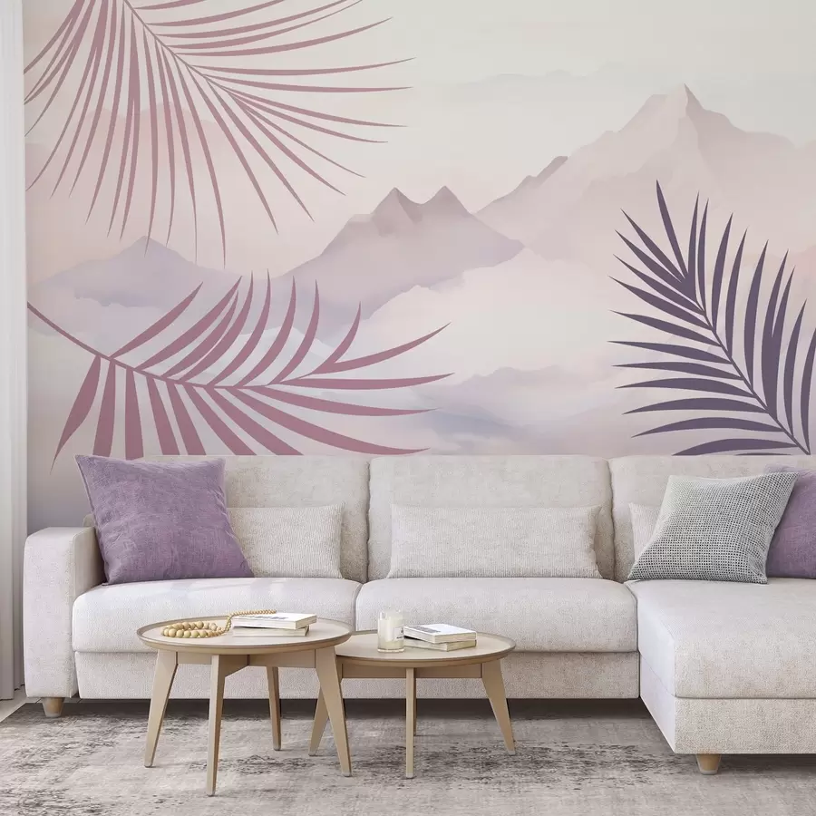 murales de pared Hojas de palmera con las montañas de fondo w05548v1