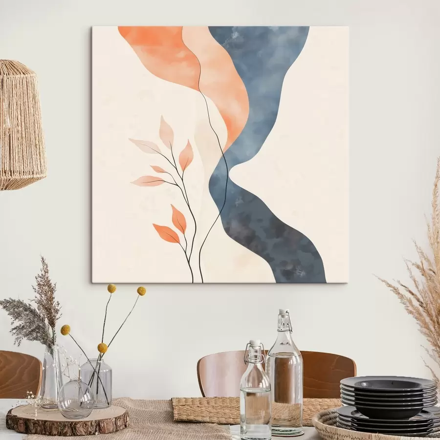 murales de pared Composición floral con líneas fluidas en una paleta de colores azul y naranja s48837