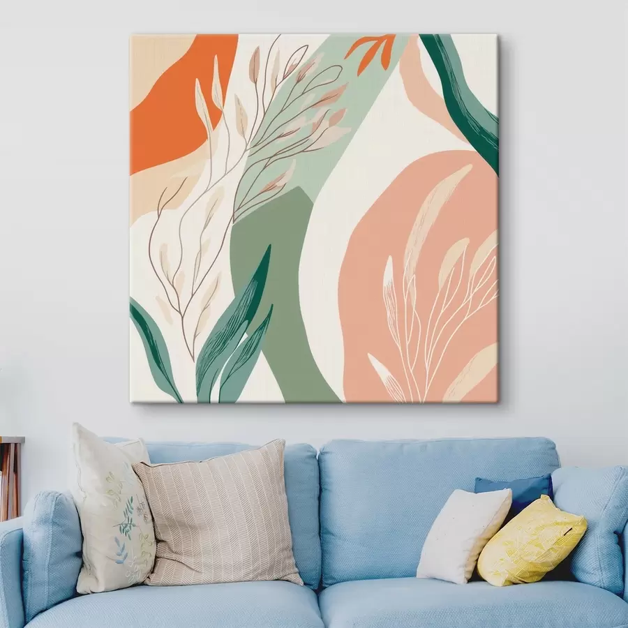 murales de pared Arte botánico con formas suaves en una paleta de tonos verde coral s48840