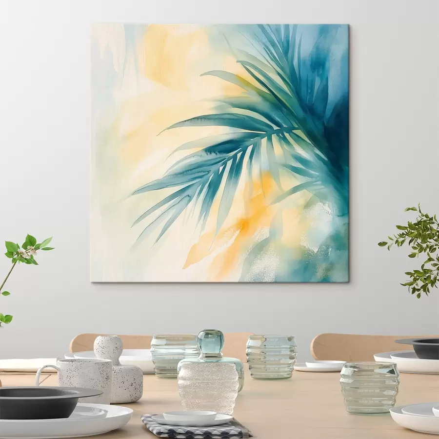 murales de pared Hojas de palmera tropical en tonos azul turquesa sobre un fondo de cálidas manchas de acuarela s48849