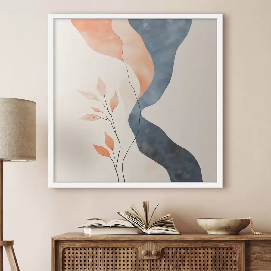 murales de pared Composición floral con líneas fluidas en una paleta de colores azul y naranja f48837