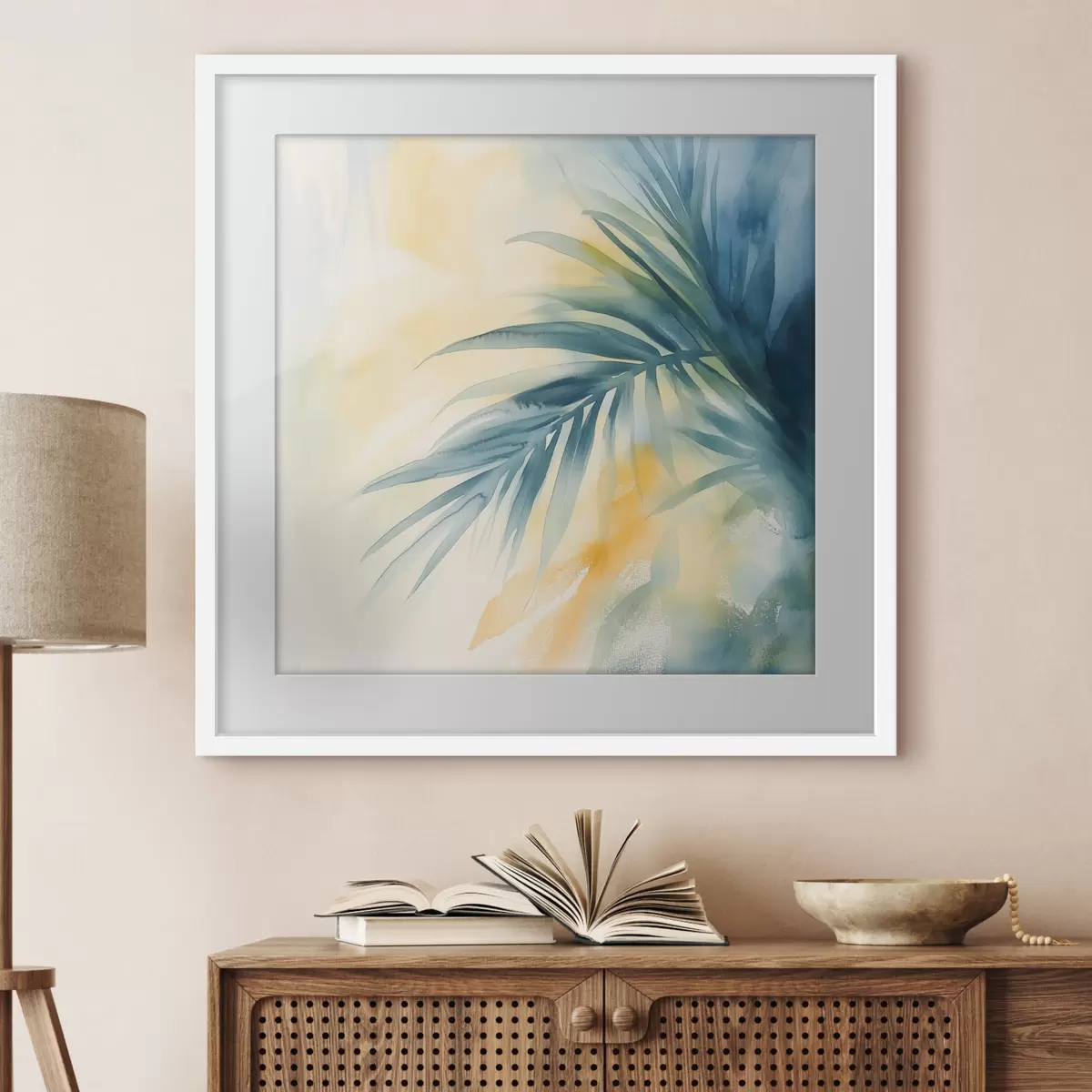 Poster Hojas de palmera tropical en tonos azul turquesa sobre un fondo de cálidas manchas de acuarela f48849