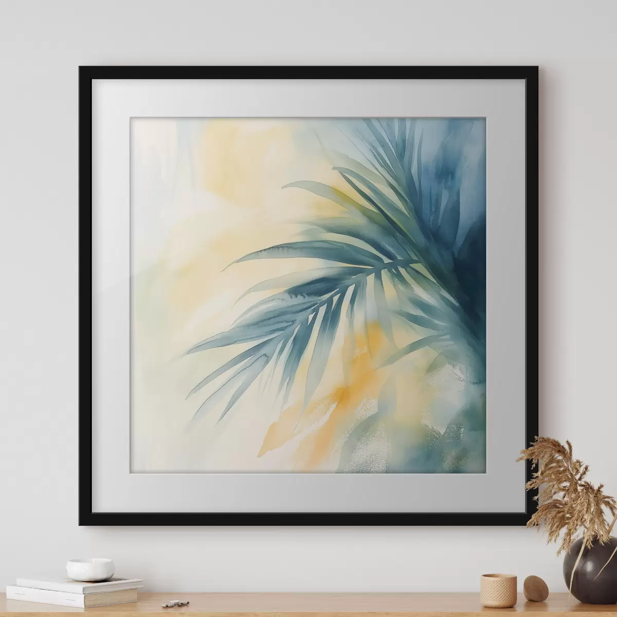 Poster Hojas de palmera tropical en tonos azul turquesa sobre un fondo de cálidas manchas de acuarela f48849