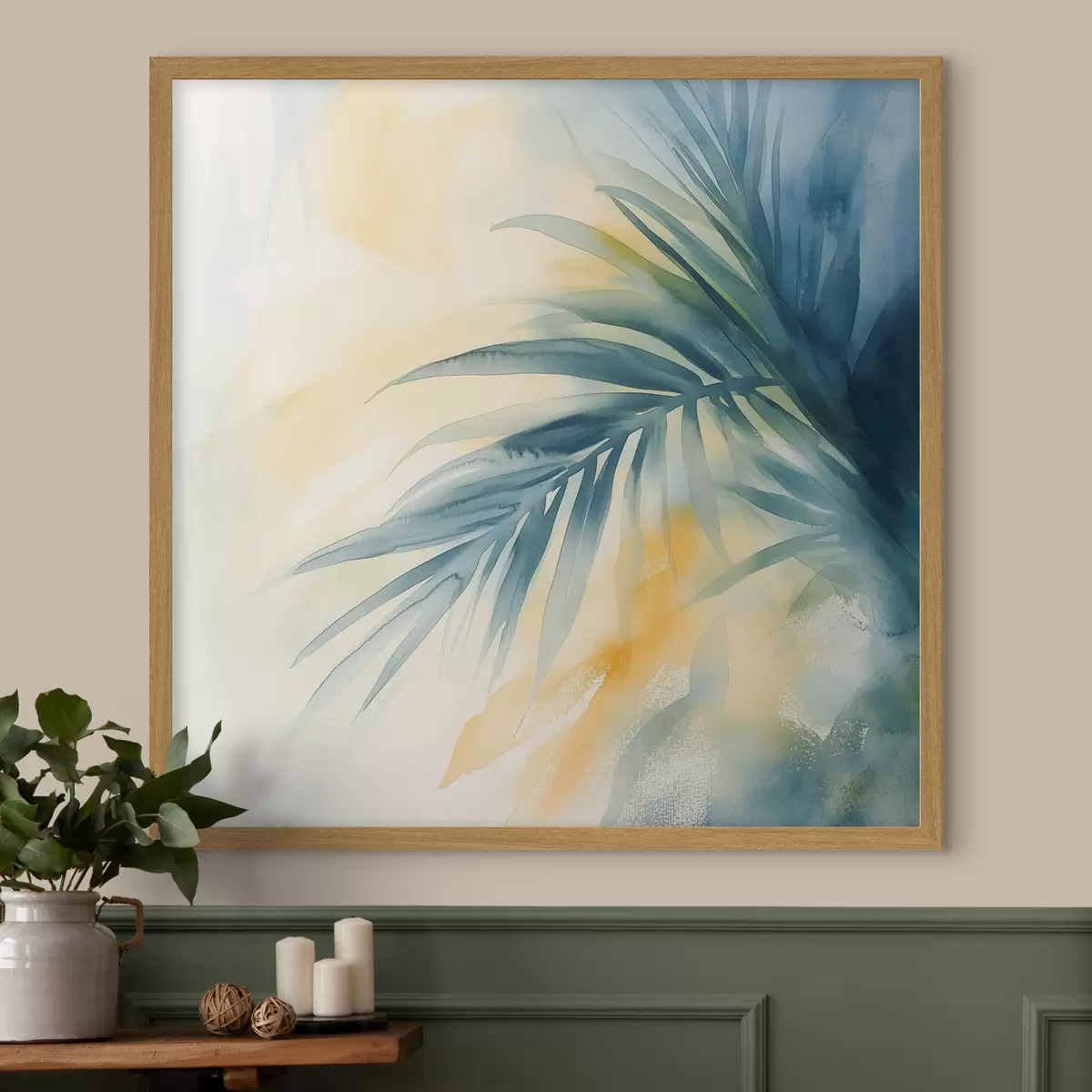 Poster Hojas de palmera tropical en tonos azul turquesa sobre un fondo de cálidas manchas de acuarela f48849