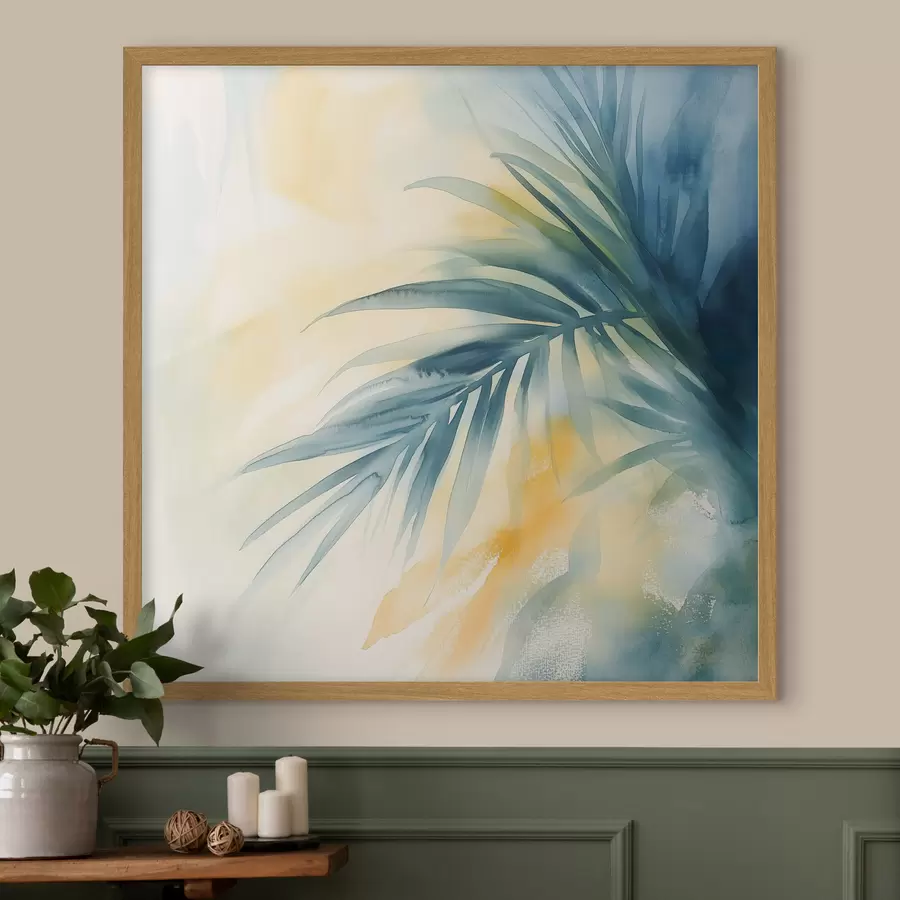 murales de pared Hojas de palmera tropical en tonos azul turquesa sobre un fondo de cálidas manchas de acuarela f48849
